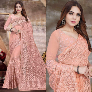 Light Peach Partywear Embroidery With Embellished Net Saree
