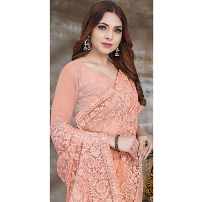 Light Peach Partywear Embroidery With Embellished Net Saree