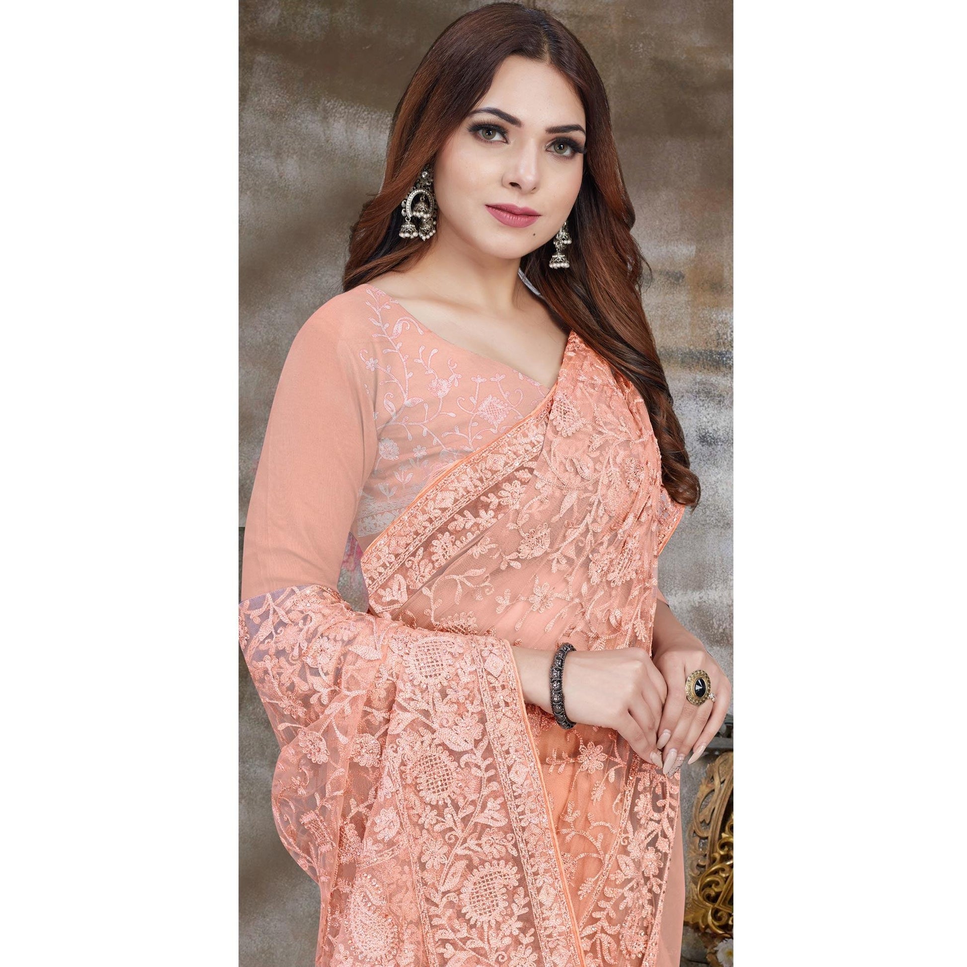 Light Peach Partywear Embroidery With Embellished Net Saree