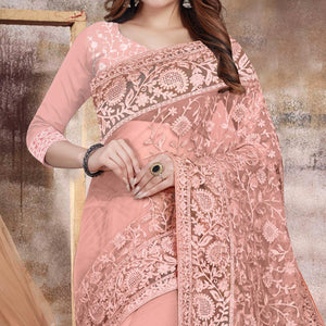 Light Peach Partywear Embroidery With Embellished Net Saree