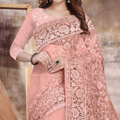 Light Peach Partywear Embroidery With Embellished Net Saree