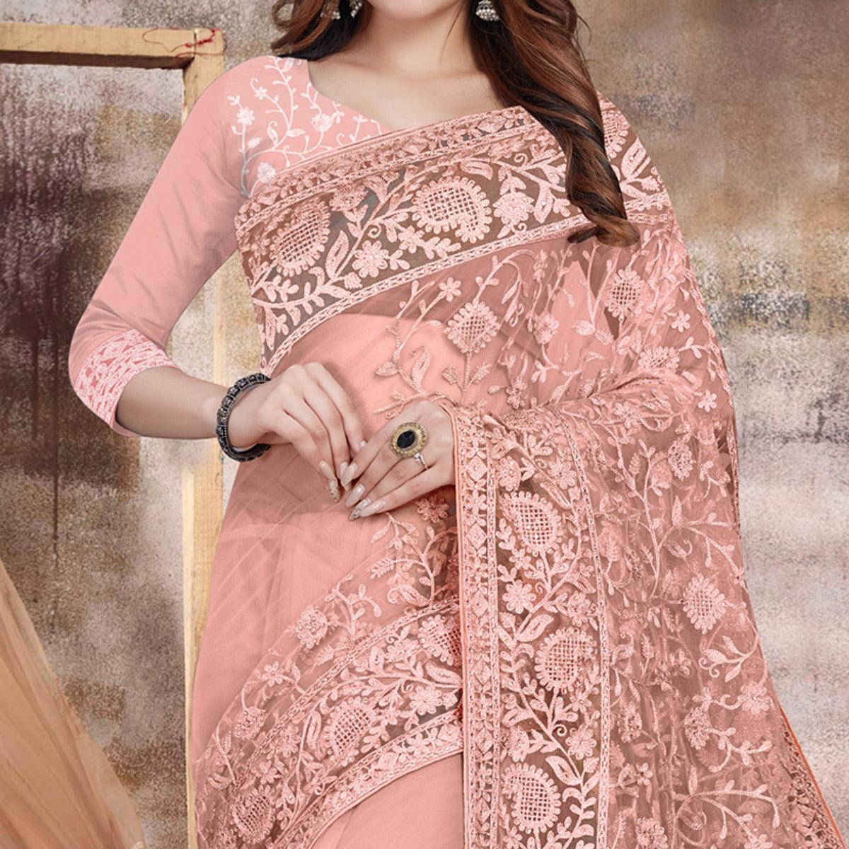 Light Peach Partywear Embroidery With Embellished Net Saree
