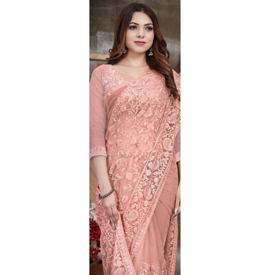 Light Peach Partywear Embroidery With Embellished Net Saree