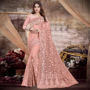 Light Peach Partywear Embroidery With Embellished Net Saree