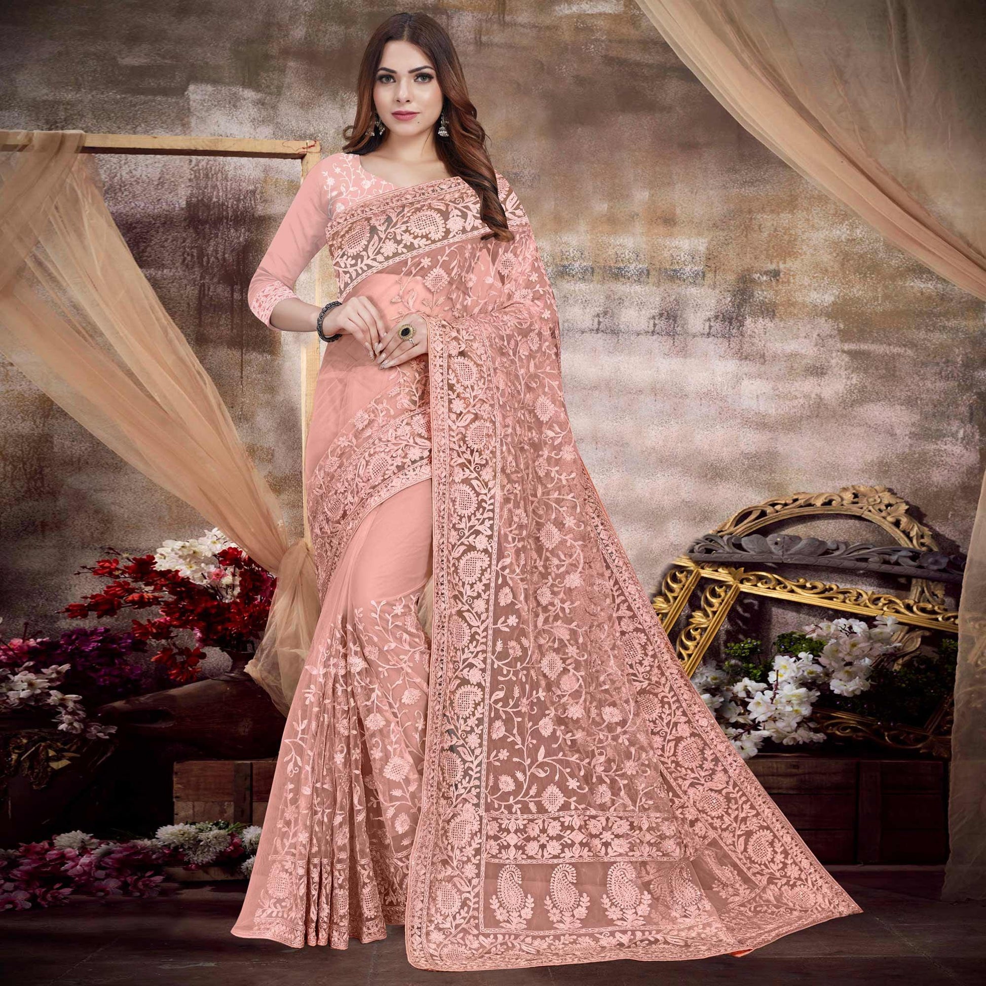 Light Peach Partywear Embroidery With Embellished Net Saree