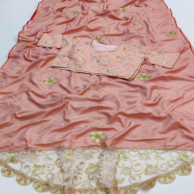 Light Peach Partywear Mukeish Embroidery Dola Silk Saree