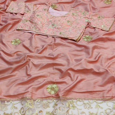 Light Peach Partywear Mukeish Embroidery Dola Silk Saree