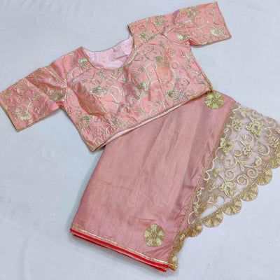 Light Peach Partywear Mukeish Embroidery Dola Silk Saree