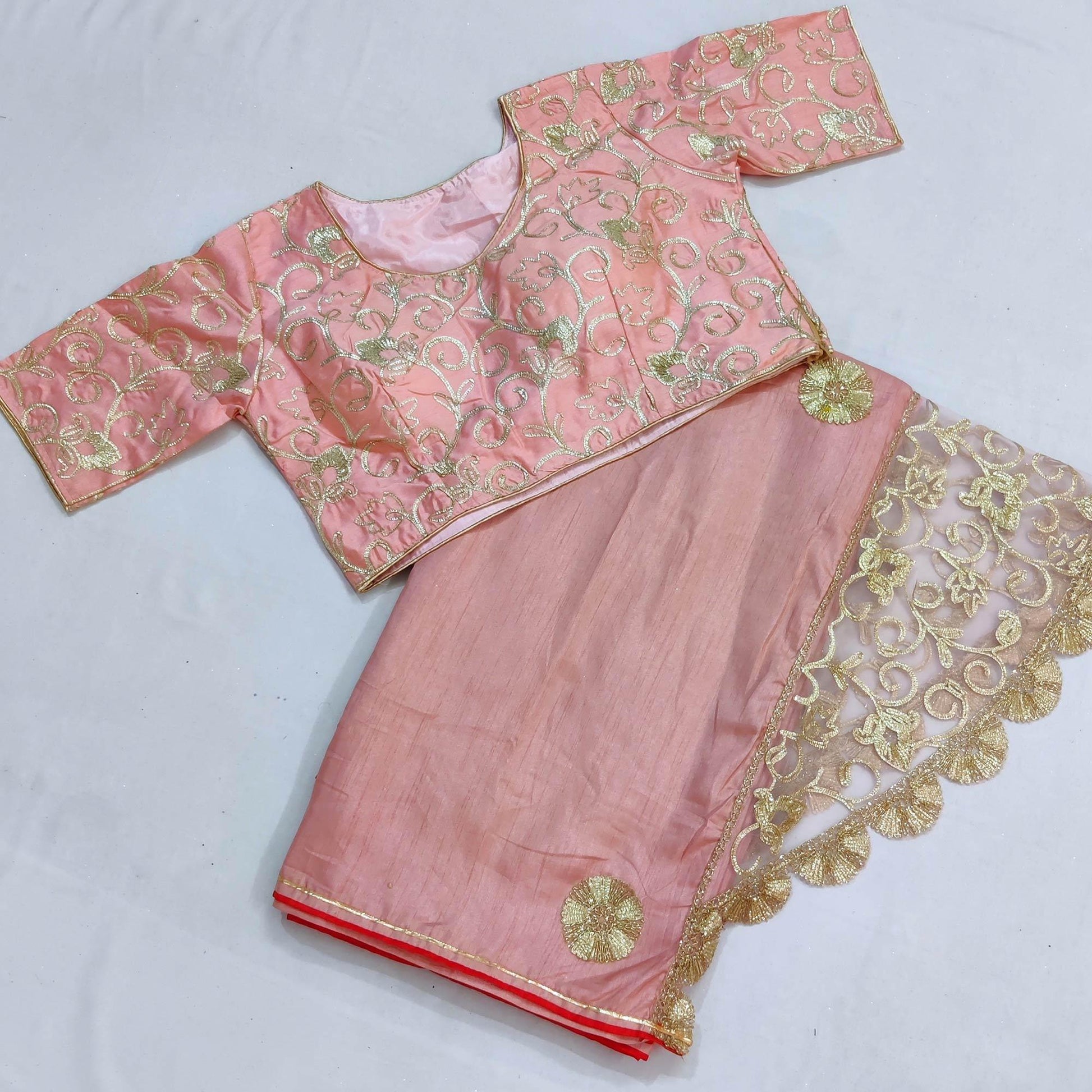 Light Peach Partywear Mukeish Embroidery Dola Silk Saree