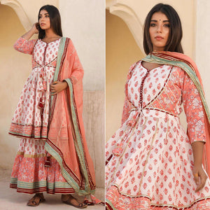 Light Peach Printed Cotton Partywear Sharara Suit