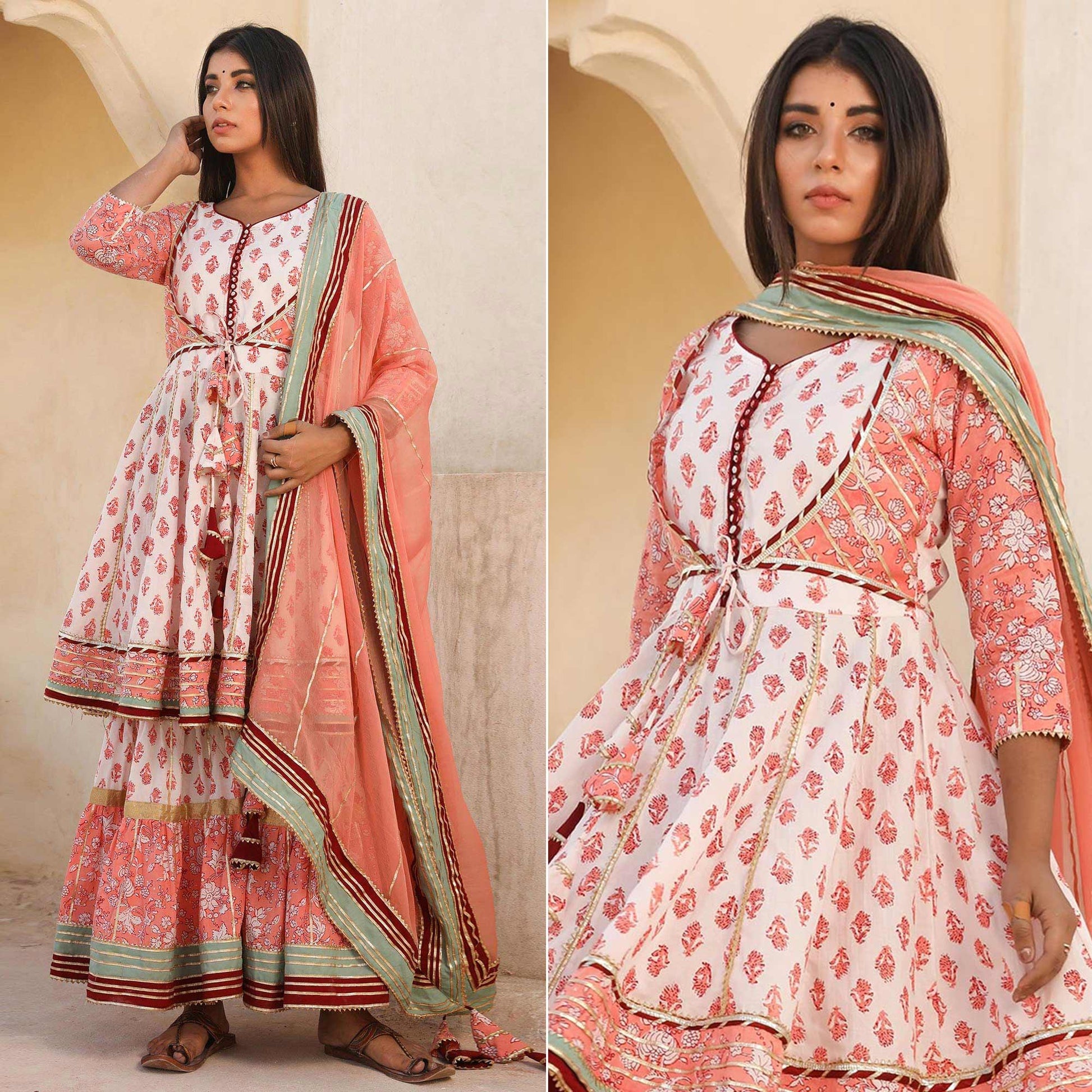 Light Peach Printed Cotton Partywear Sharara Suit
