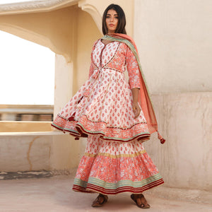 Light Peach Printed Cotton Partywear Sharara Suit