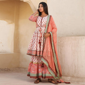 Light Peach Printed Cotton Partywear Sharara Suit
