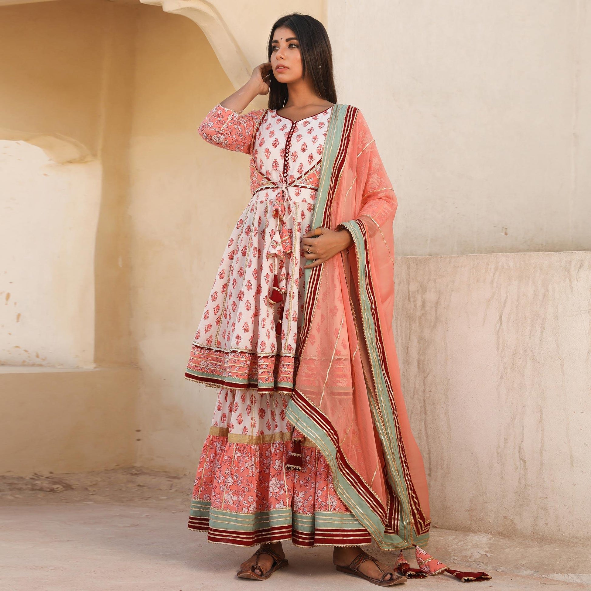 Light Peach Printed Cotton Partywear Sharara Suit