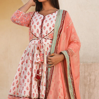 Light Peach Printed Cotton Partywear Sharara Suit