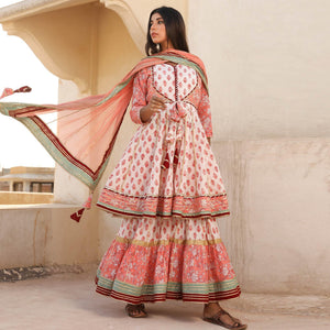 Light Peach Printed Cotton Partywear Sharara Suit