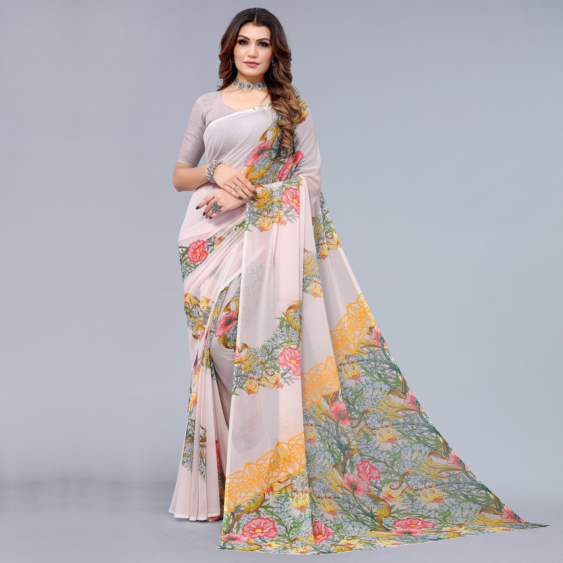 Light Peach Printed Georgette Saree