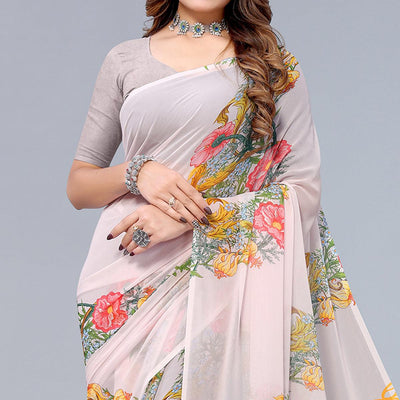 Light Peach Printed Georgette Saree