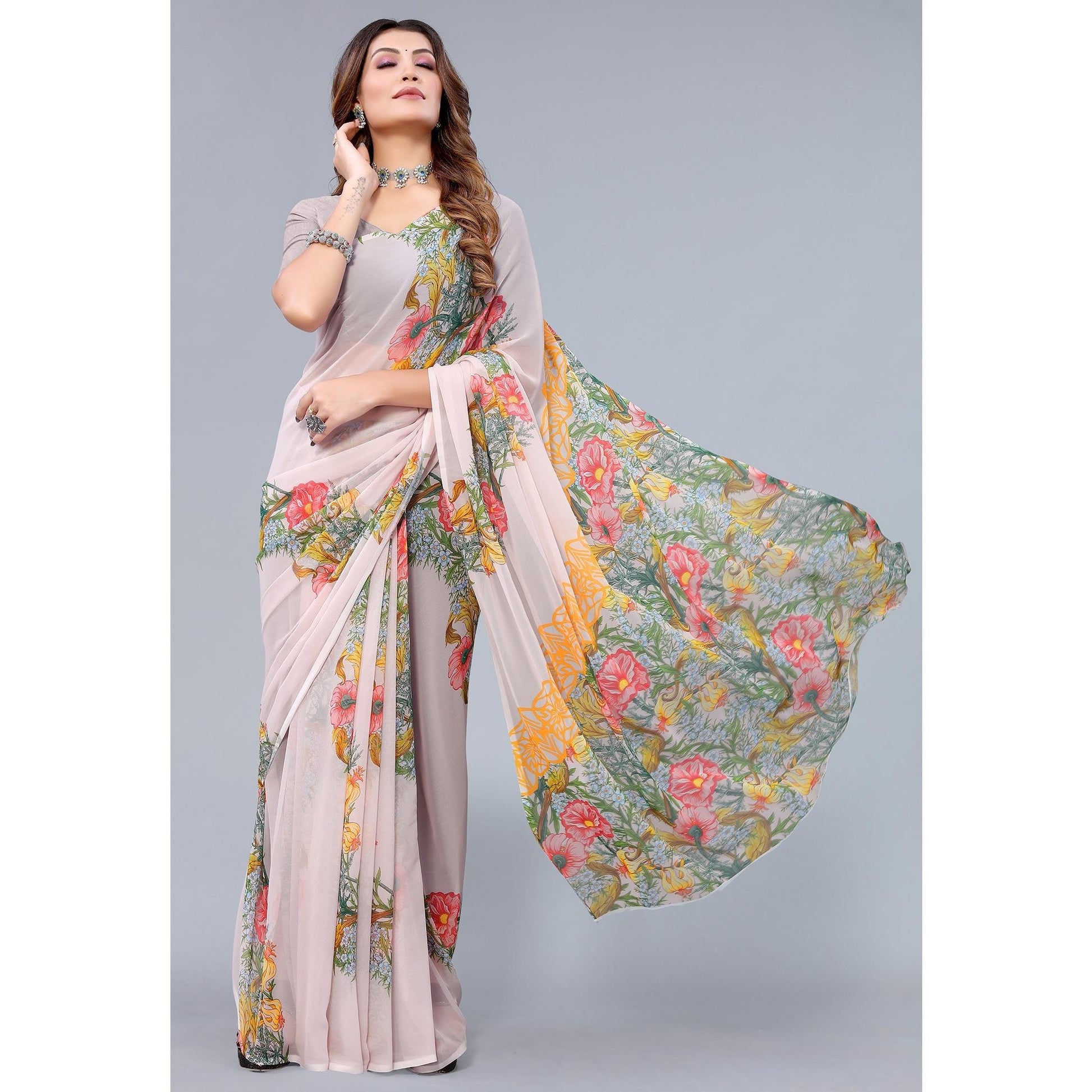 Light Peach Printed Georgette Saree