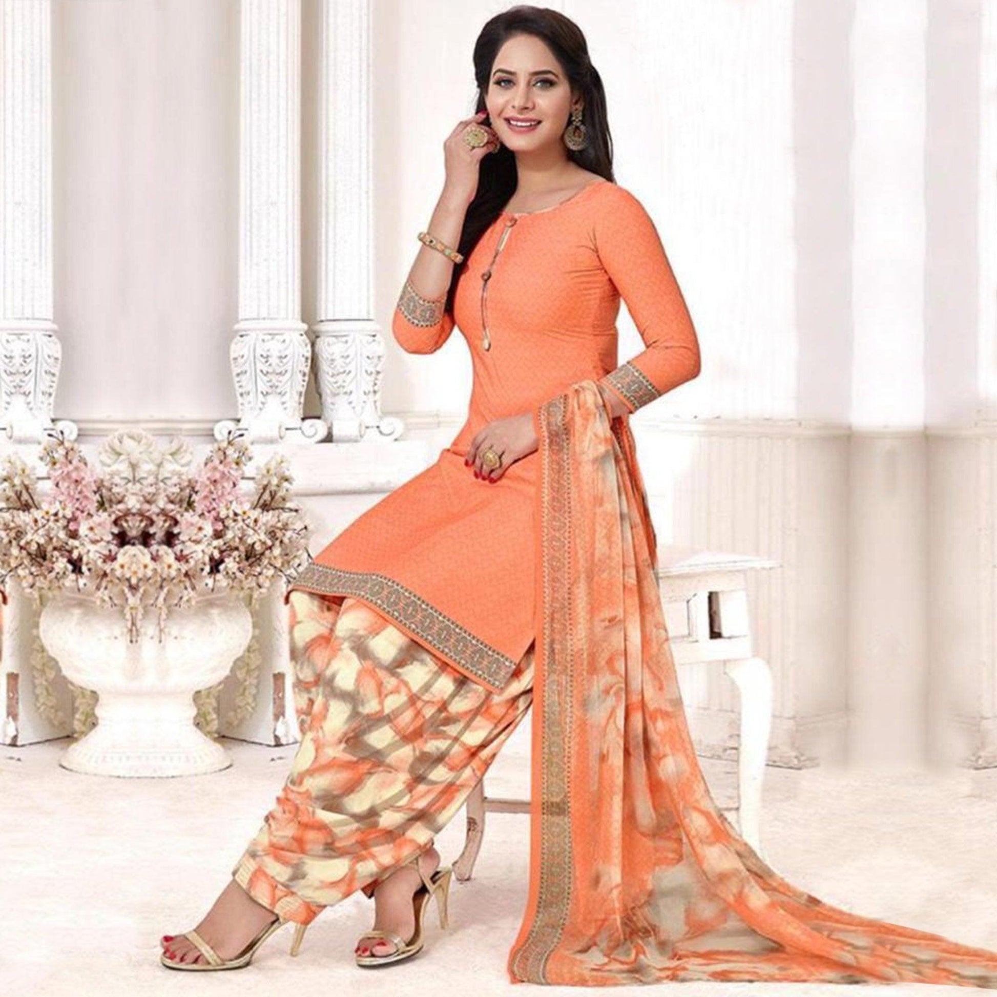 Light Peach Printed Leon Patiala Dress Material