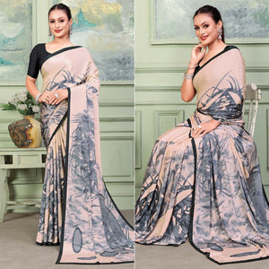 Light Peach Printed Raw Silk Saree