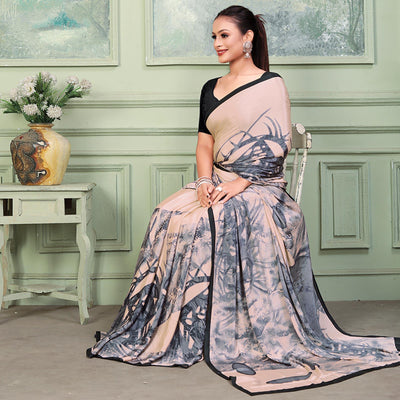 Light Peach Printed Raw Silk Saree