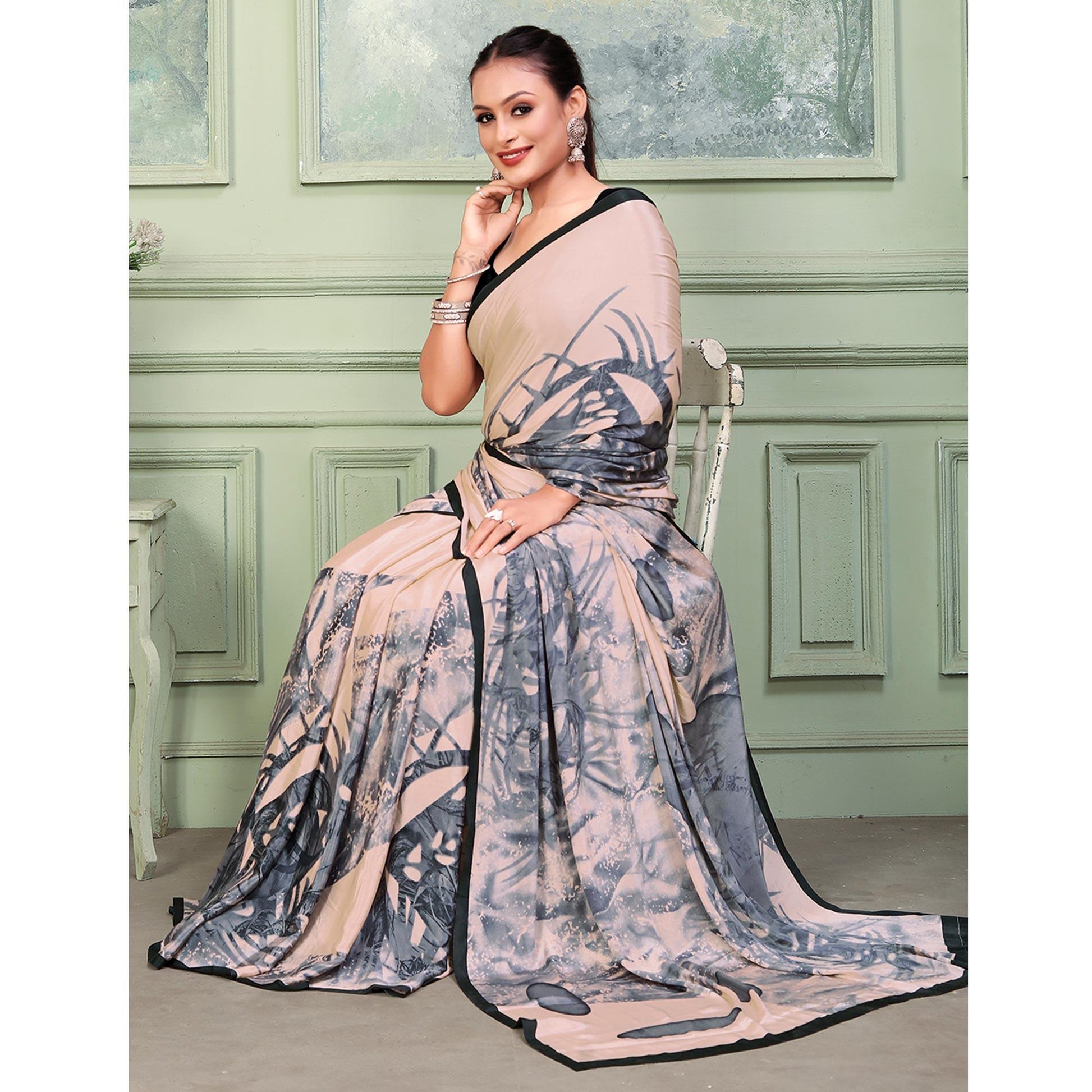 Light Peach Printed Raw Silk Saree