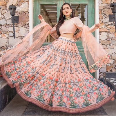 Light Peach Wedding Wear Designer Floral Prined Chanderi Designer Lehenga Choli