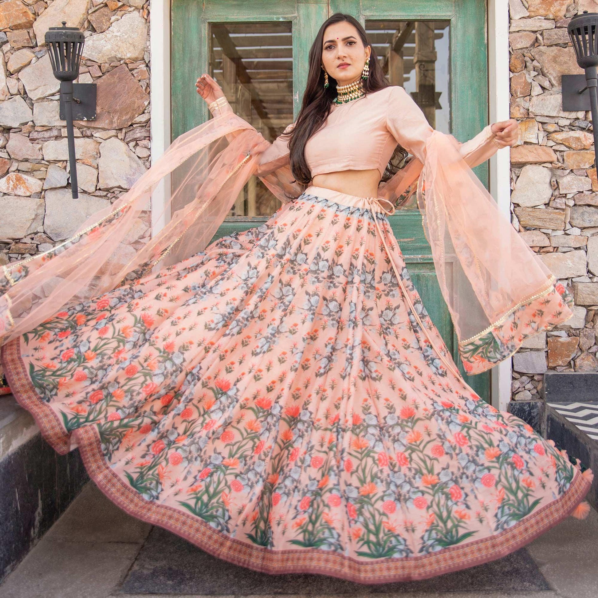 Light Peach Wedding Wear Designer Floral Prined Chanderi Designer Lehenga Choli