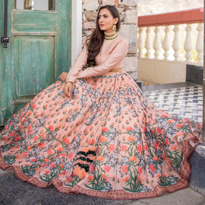 Light Peach Wedding Wear Designer Floral Prined Chanderi Designer Lehenga Choli