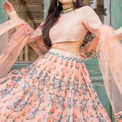 Light Peach Wedding Wear Designer Floral Prined Chanderi Designer Lehenga Choli