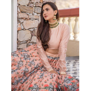 Light Peach Wedding Wear Designer Floral Prined Chanderi Designer Lehenga Choli