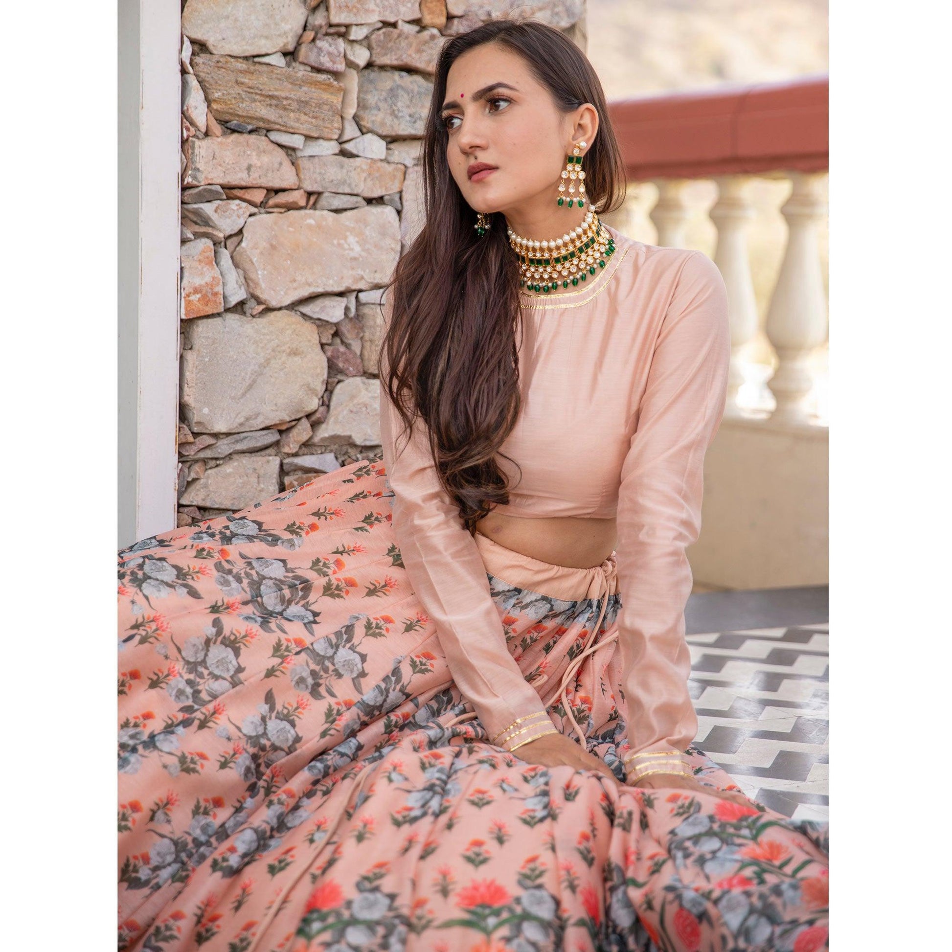 Light Peach Wedding Wear Designer Floral Prined Chanderi Designer Lehenga Choli