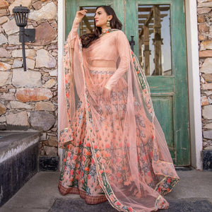 Light Peach Wedding Wear Designer Floral Prined Chanderi Designer Lehenga Choli