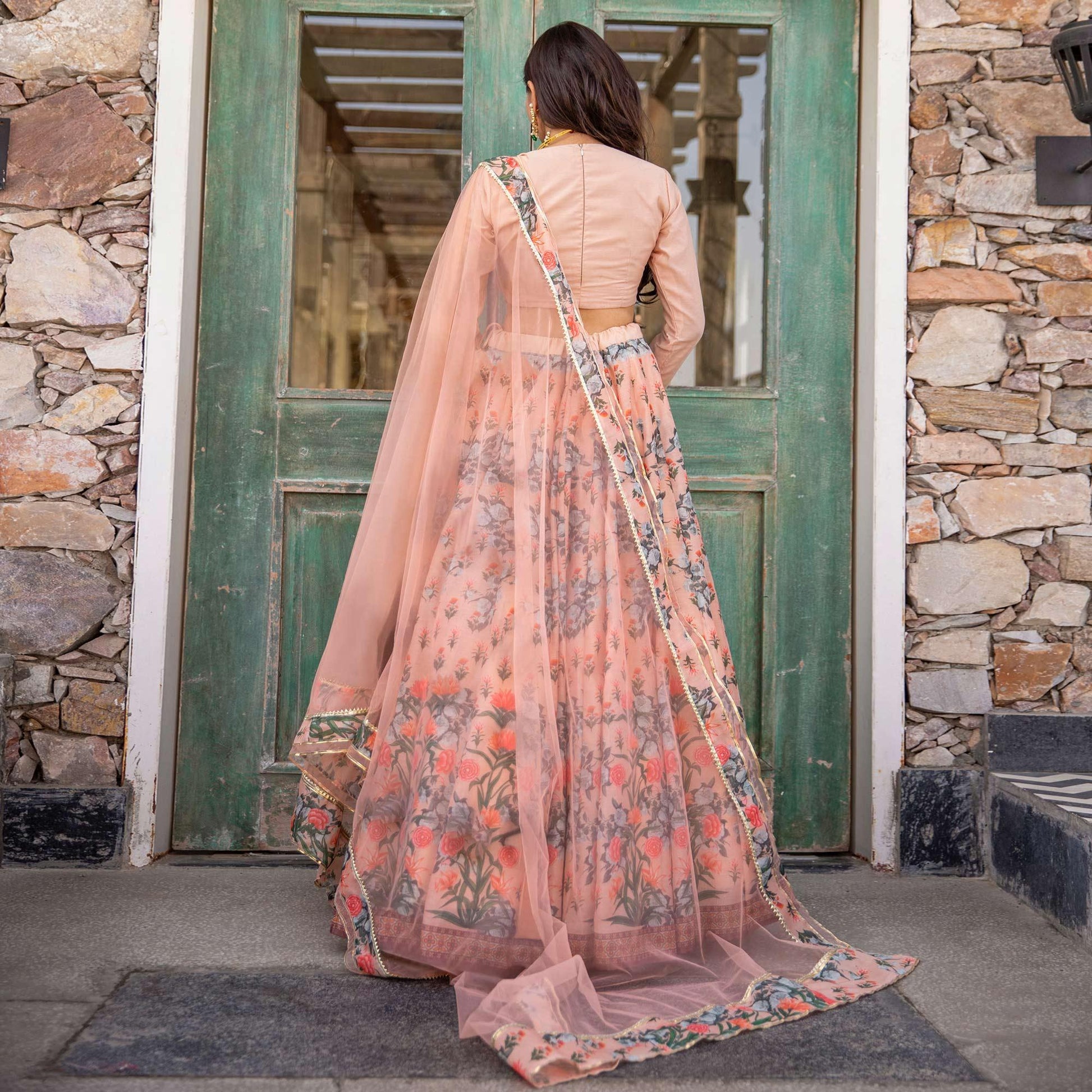 Light Peach Wedding Wear Designer Floral Prined Chanderi Designer Lehenga Choli