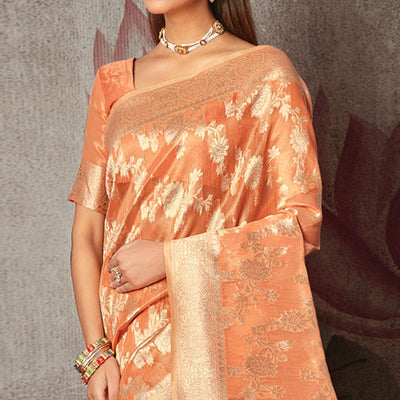 Light Peach Woven Art Silk Saree With Tassels