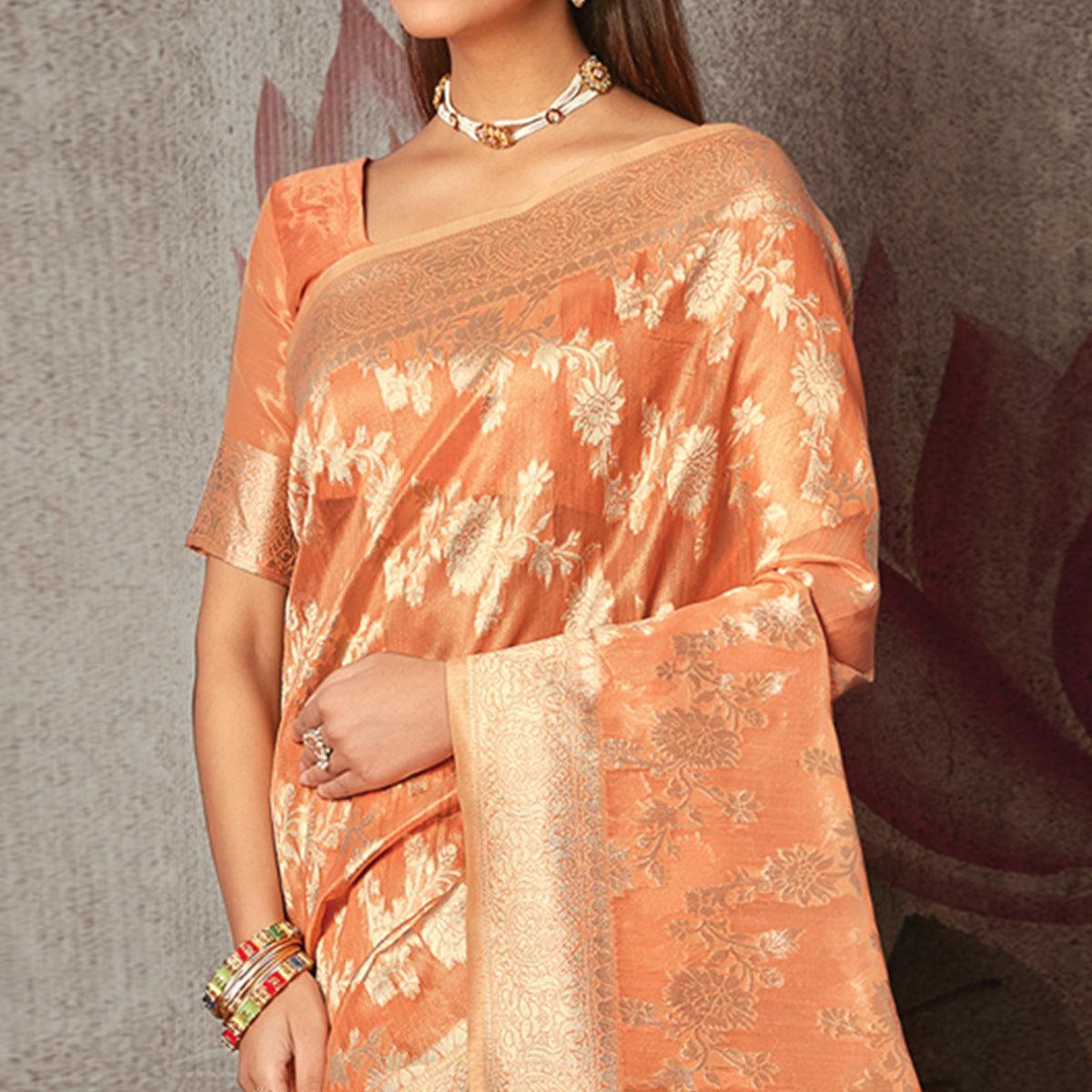 Light Peach Woven Art Silk Saree With Tassels
