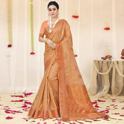 Light Peach Woven Organza Saree With Tassels