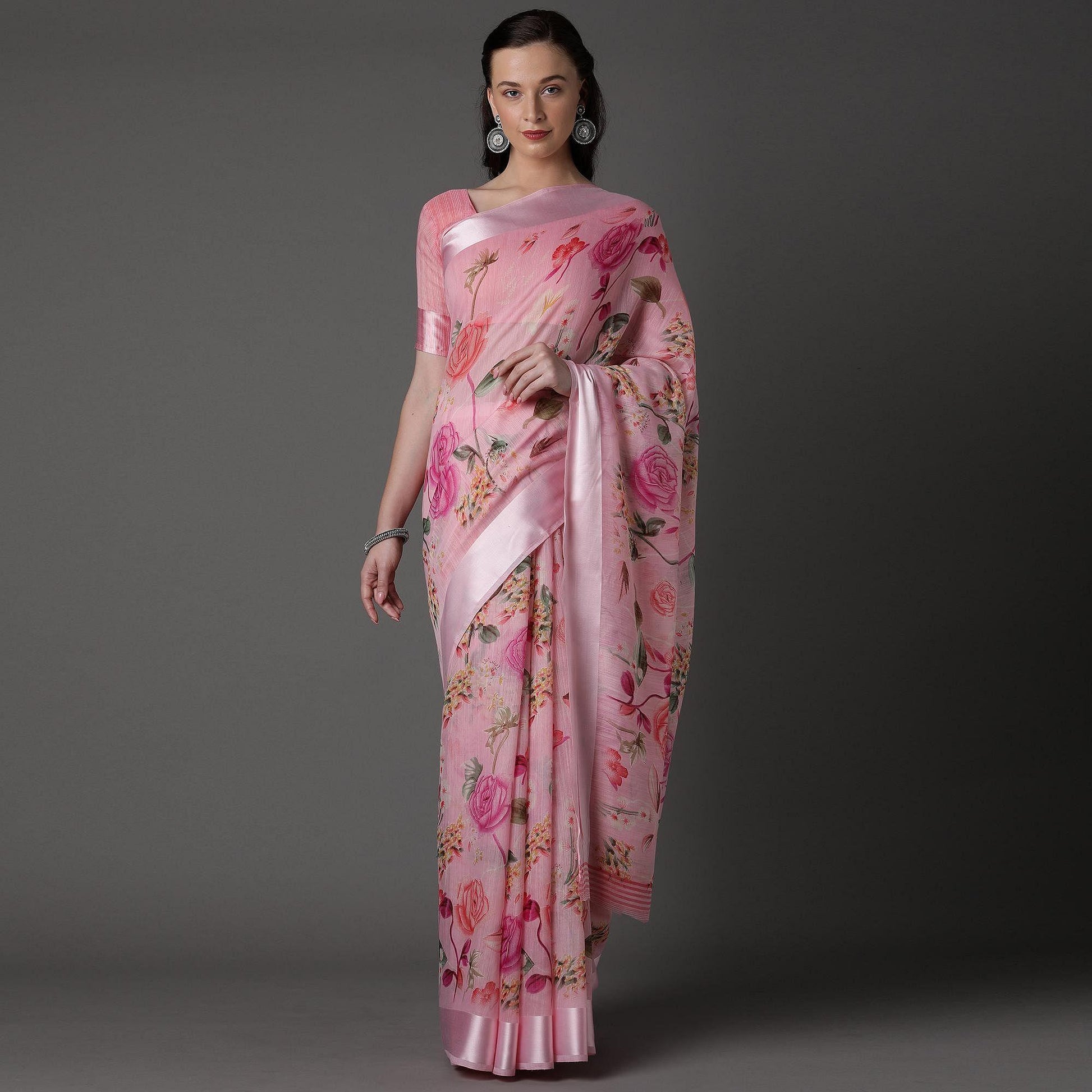 Light Pink  Casual Cotton Silk with Satin Patta Printed Saree With Unstitched Blouse