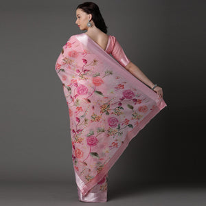 Light Pink  Casual Cotton Silk with Satin Patta Printed Saree With Unstitched Blouse