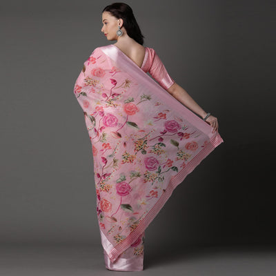 Light Pink  Casual Cotton Silk with Satin Patta Printed Saree With Unstitched Blouse