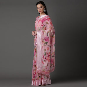 Light Pink  Casual Cotton Silk with Satin Patta Printed Saree With Unstitched Blouse
