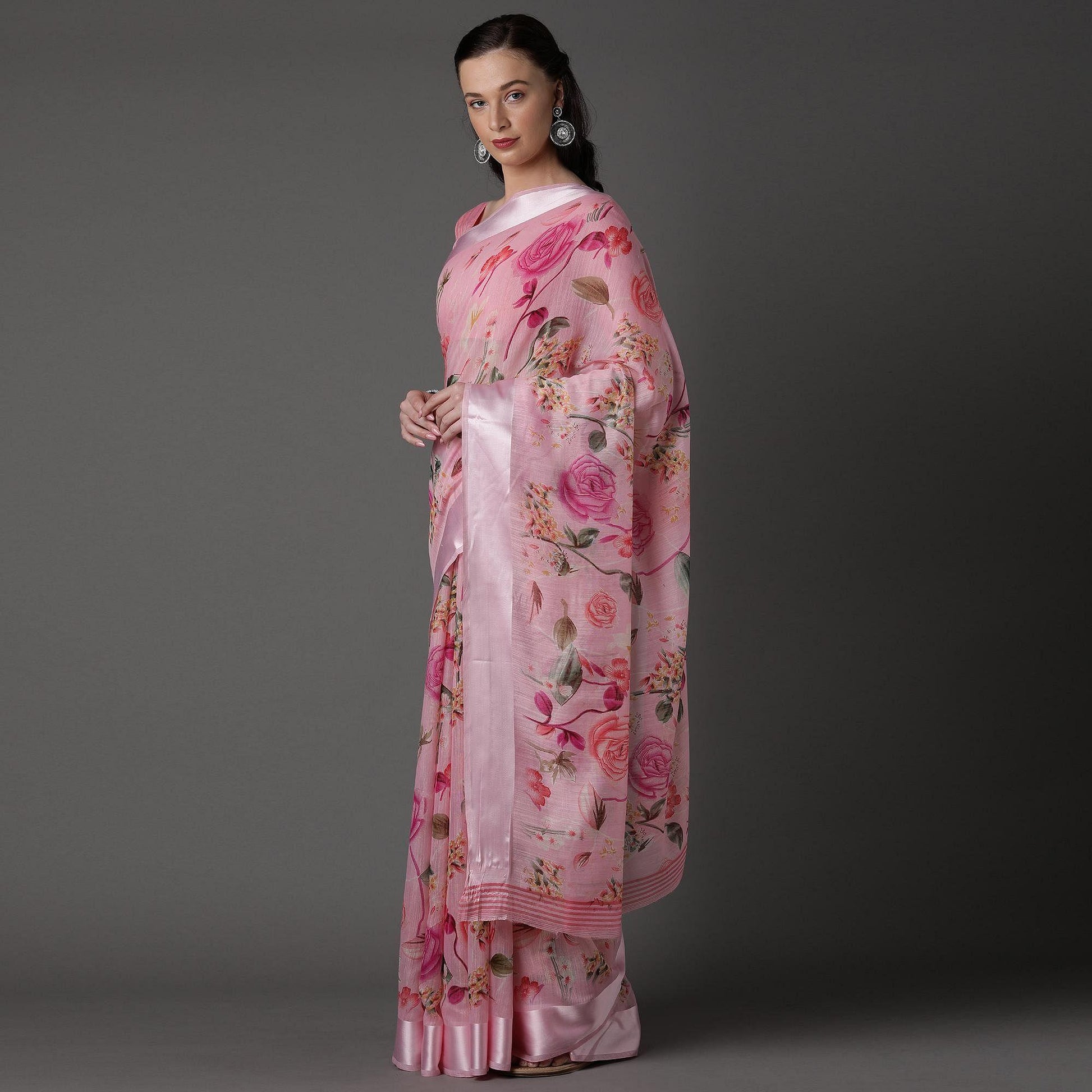 Light Pink  Casual Cotton Silk with Satin Patta Printed Saree With Unstitched Blouse