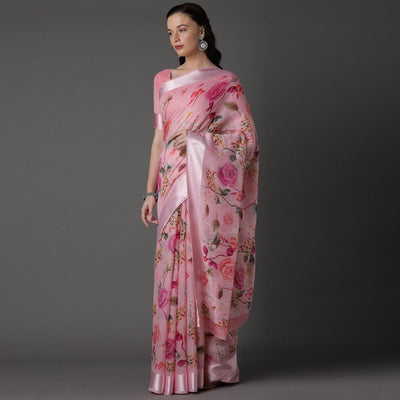 Light Pink  Casual Cotton Silk with Satin Patta Printed Saree With Unstitched Blouse