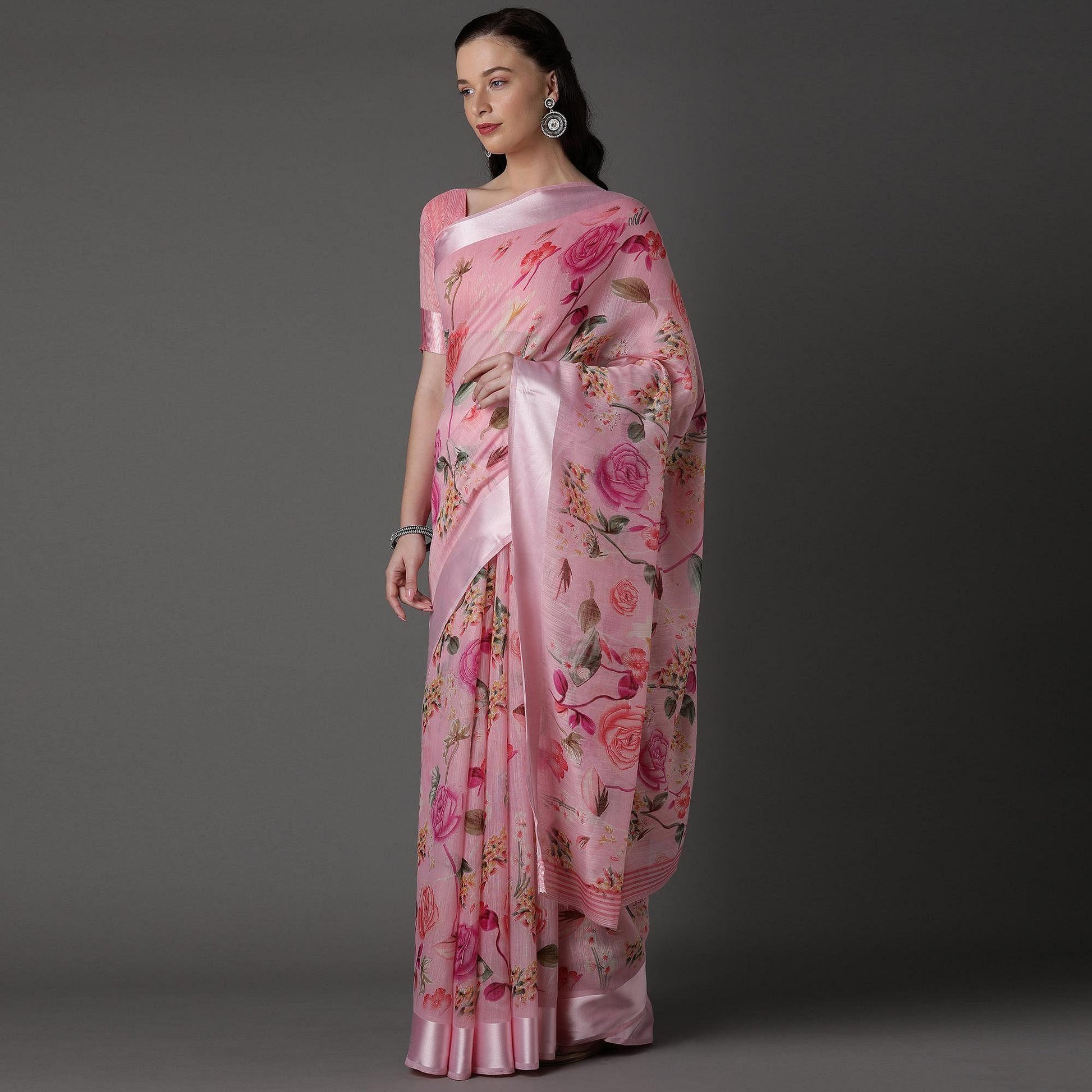 Light Pink  Casual Cotton Silk with Satin Patta Printed Saree With Unstitched Blouse