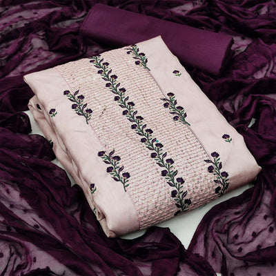 Light Pink Casual Floral Embroidered Silk Dress Material