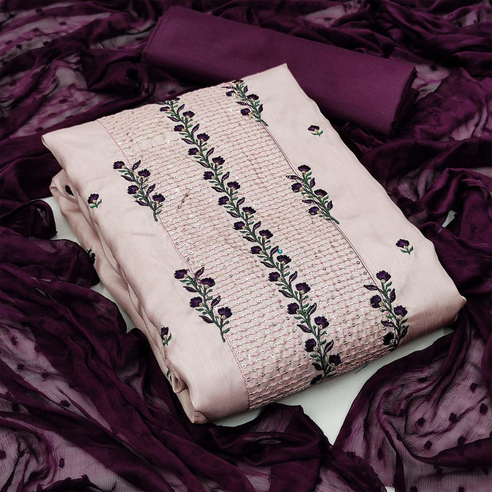 Light Pink Casual Floral Embroidered Silk Dress Material