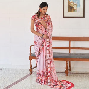 Light Pink Casual Wear Digital Printed Satin Georgette Saree