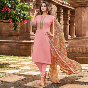 Light Pink Casual Wear Embroidered Chanderi Dress Material