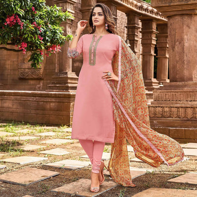 Light Pink Casual Wear Embroidered Chanderi Dress Material
